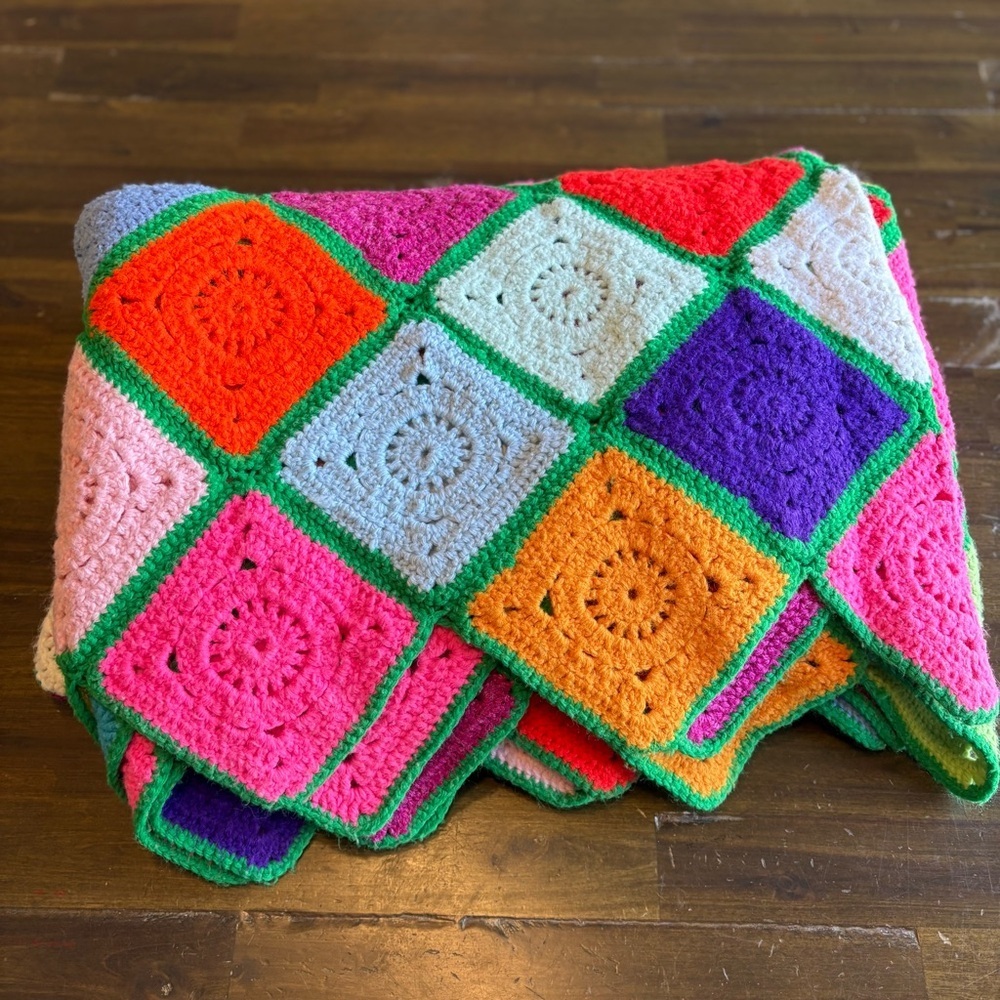 Vintage Granny Square Colorful Crochet Blanket Pink Yellow GrannyCore Throw